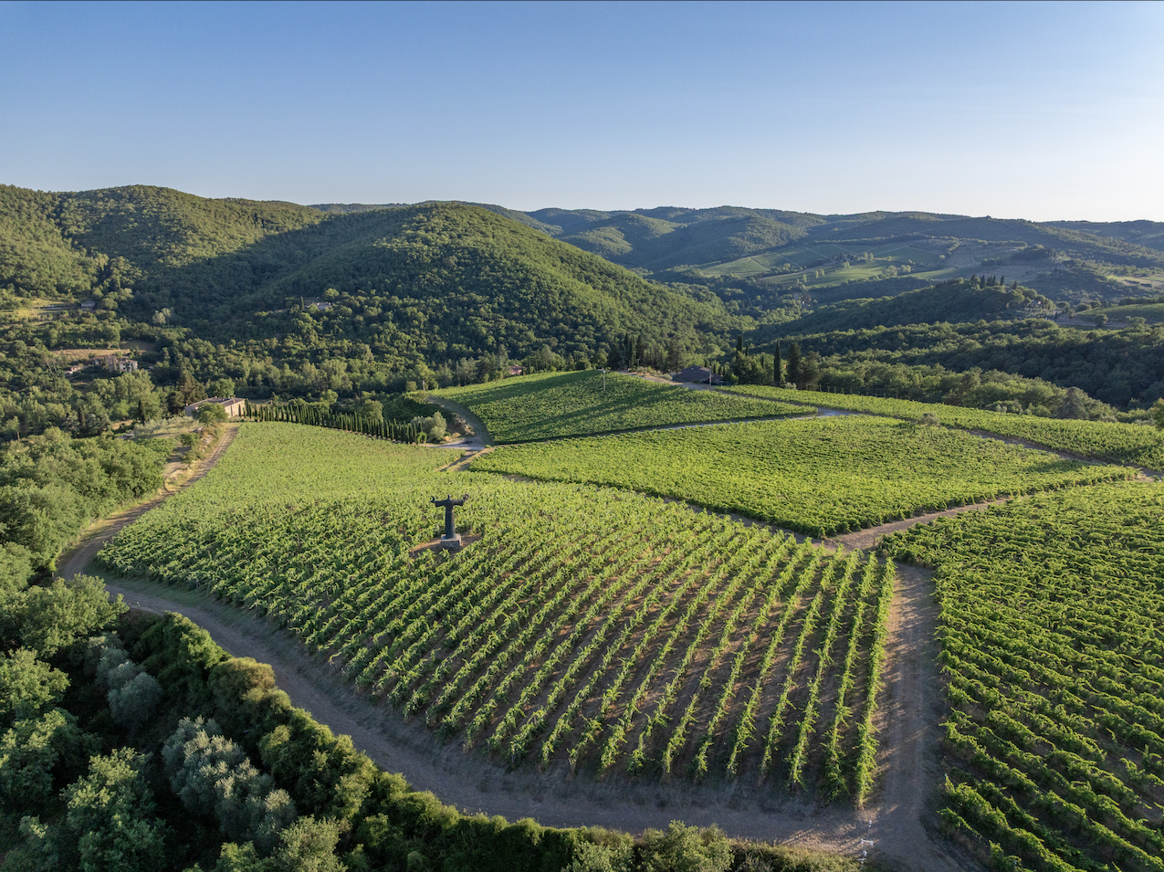 Aerial view of the vineyard with the San Francesco sculpture and Chianti hills beyond