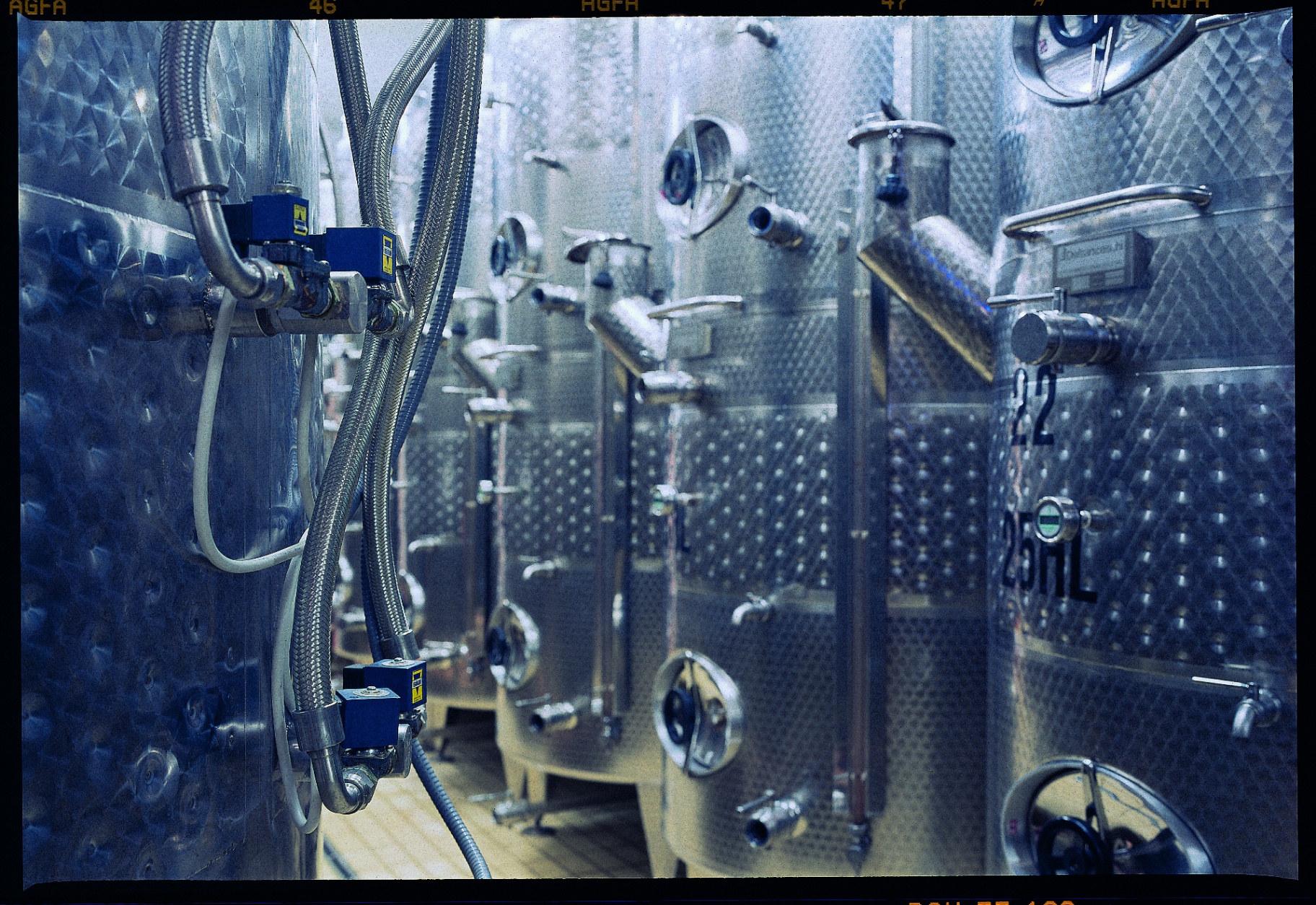 Stainless steel fermentation tanks with valves and hoses inside the winery
