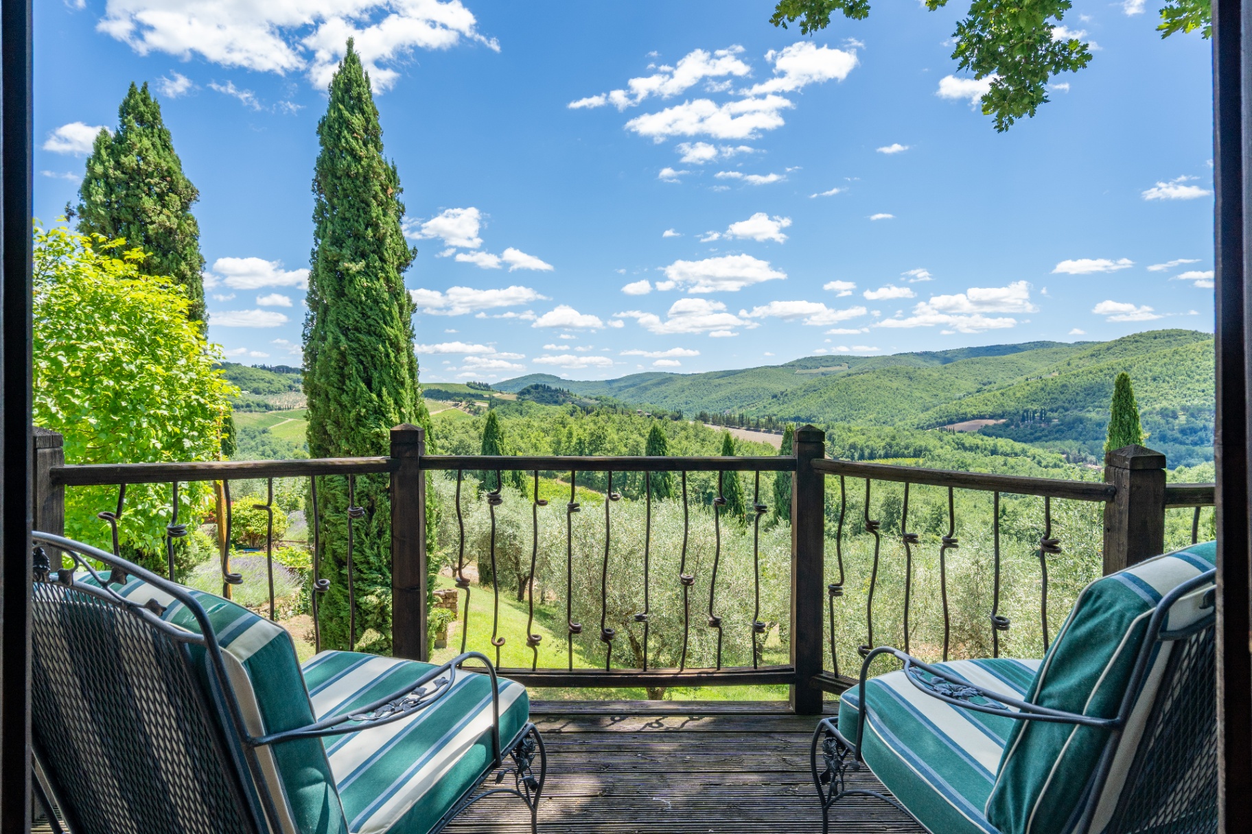 View from the treehouse deck over cypress, olive groves and the Chianti hills