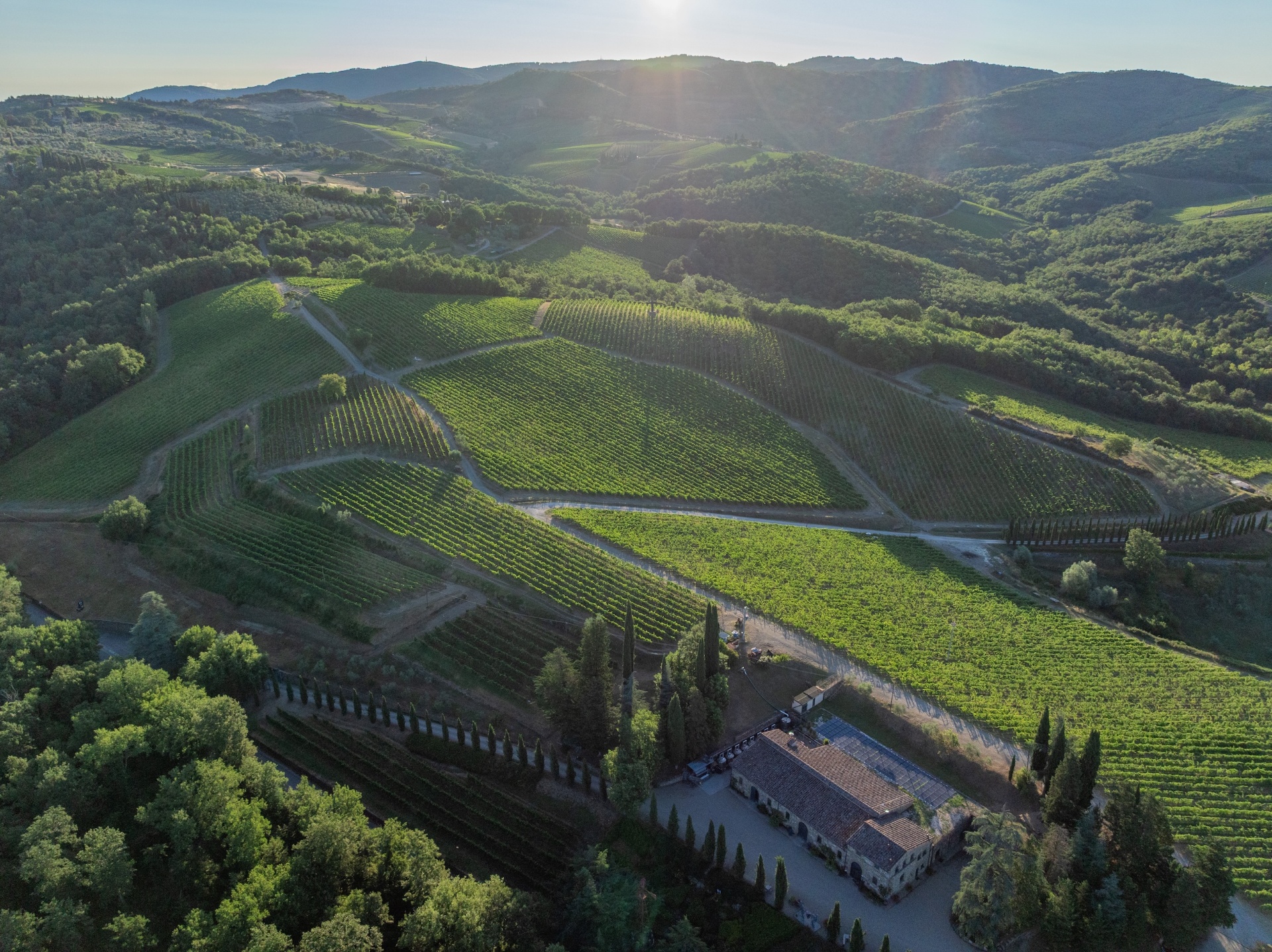 Aerial sunrise view of the estate vineyards, winery building and surrounding Chianti hills