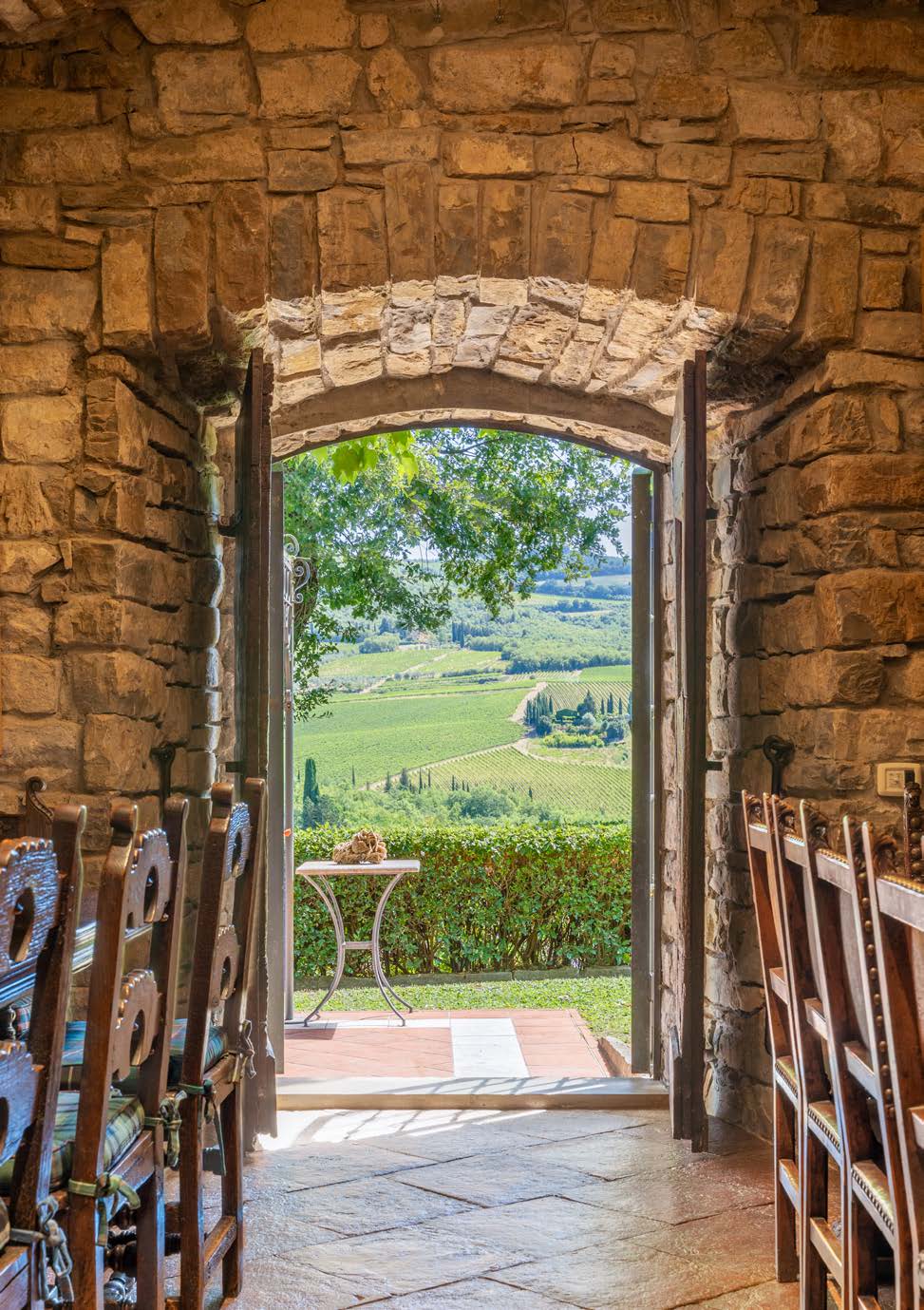 Stone room with an arched doorway opening onto the vineyard landscape