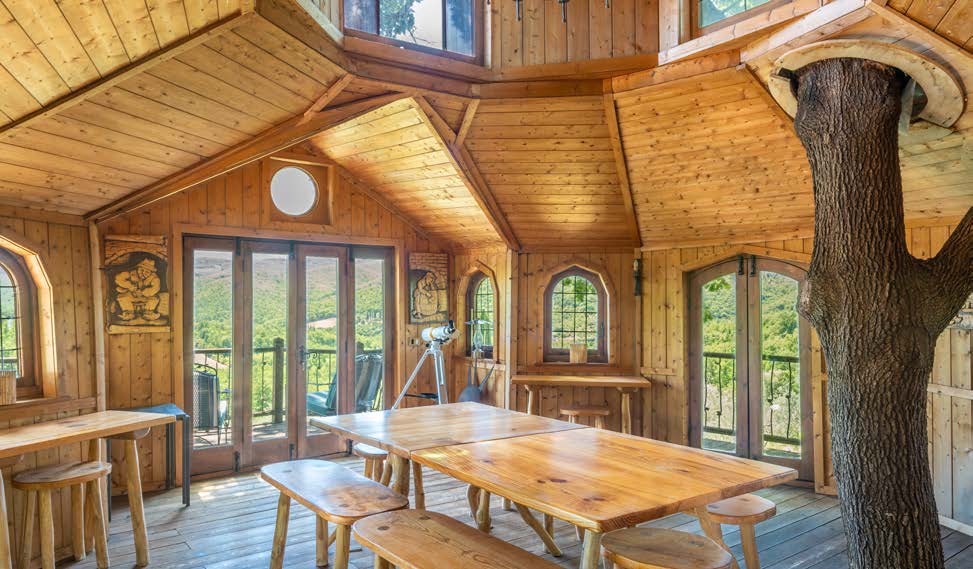 Interior of the treehouse with tables, benches and large windows