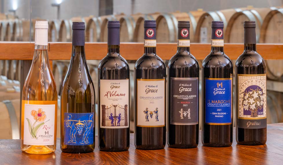 Seven Il Molino di Grace wine bottles with artistic labels on a wooden surface in the barrel room
