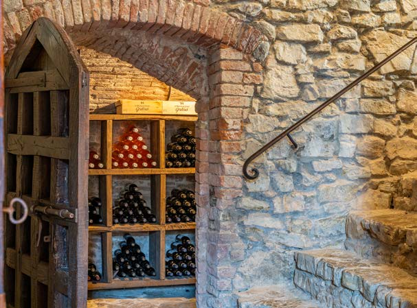 Wine cellar with bottles stored in wooden racks behind a wooden door